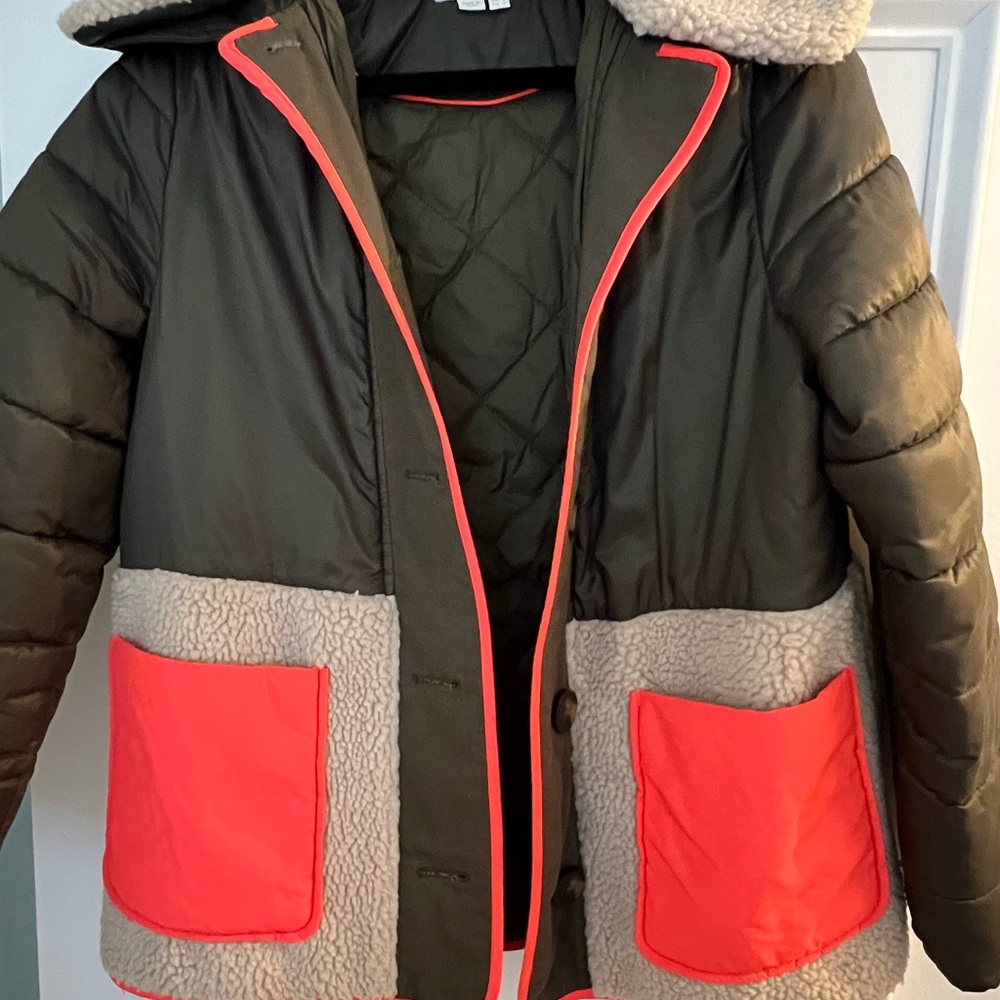 Boden Olive and Coral Jacket with Shearling Accents